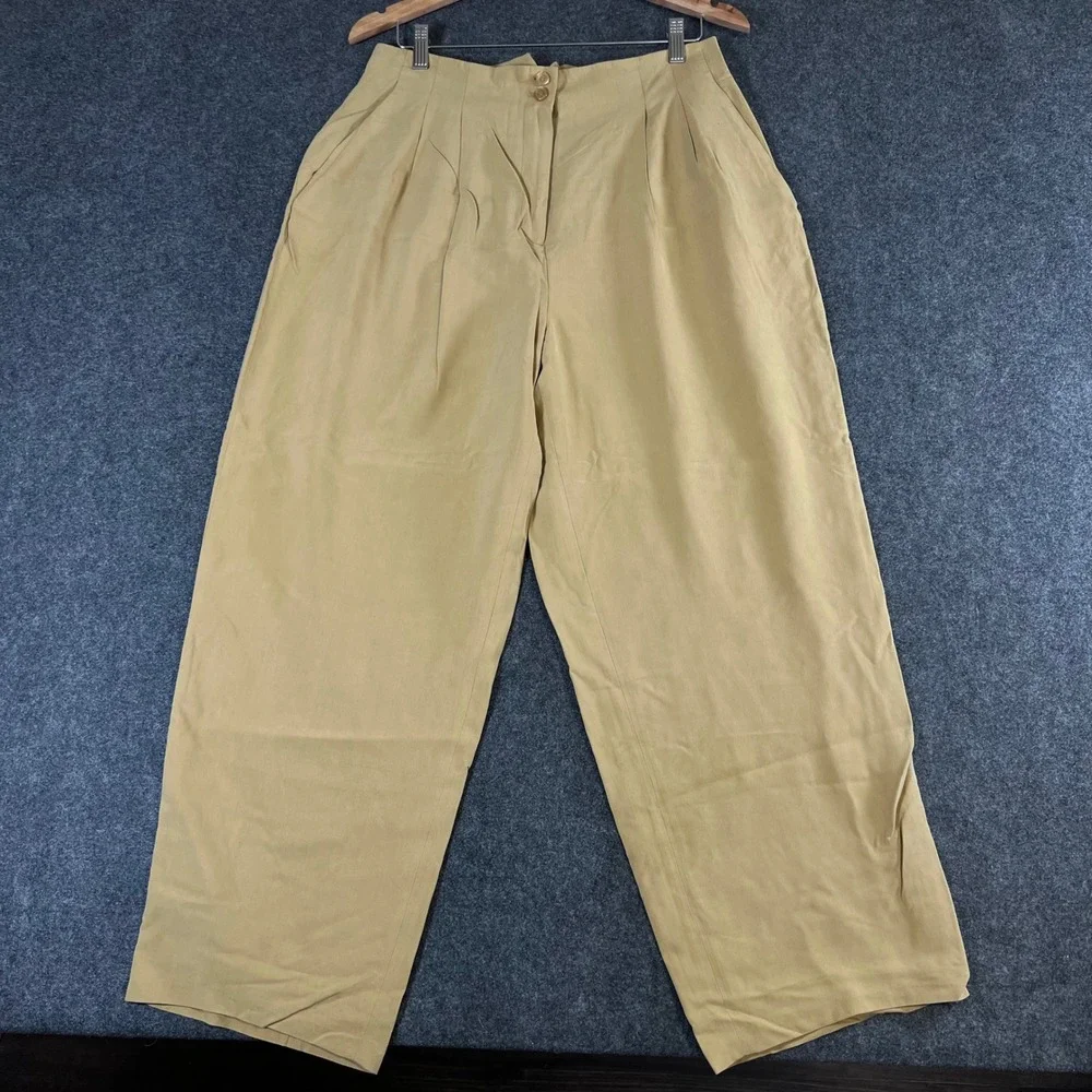 City Silk Womens 14 Tan 100% Silk Pleated High Waist Wide Leg Trousers Pants‎